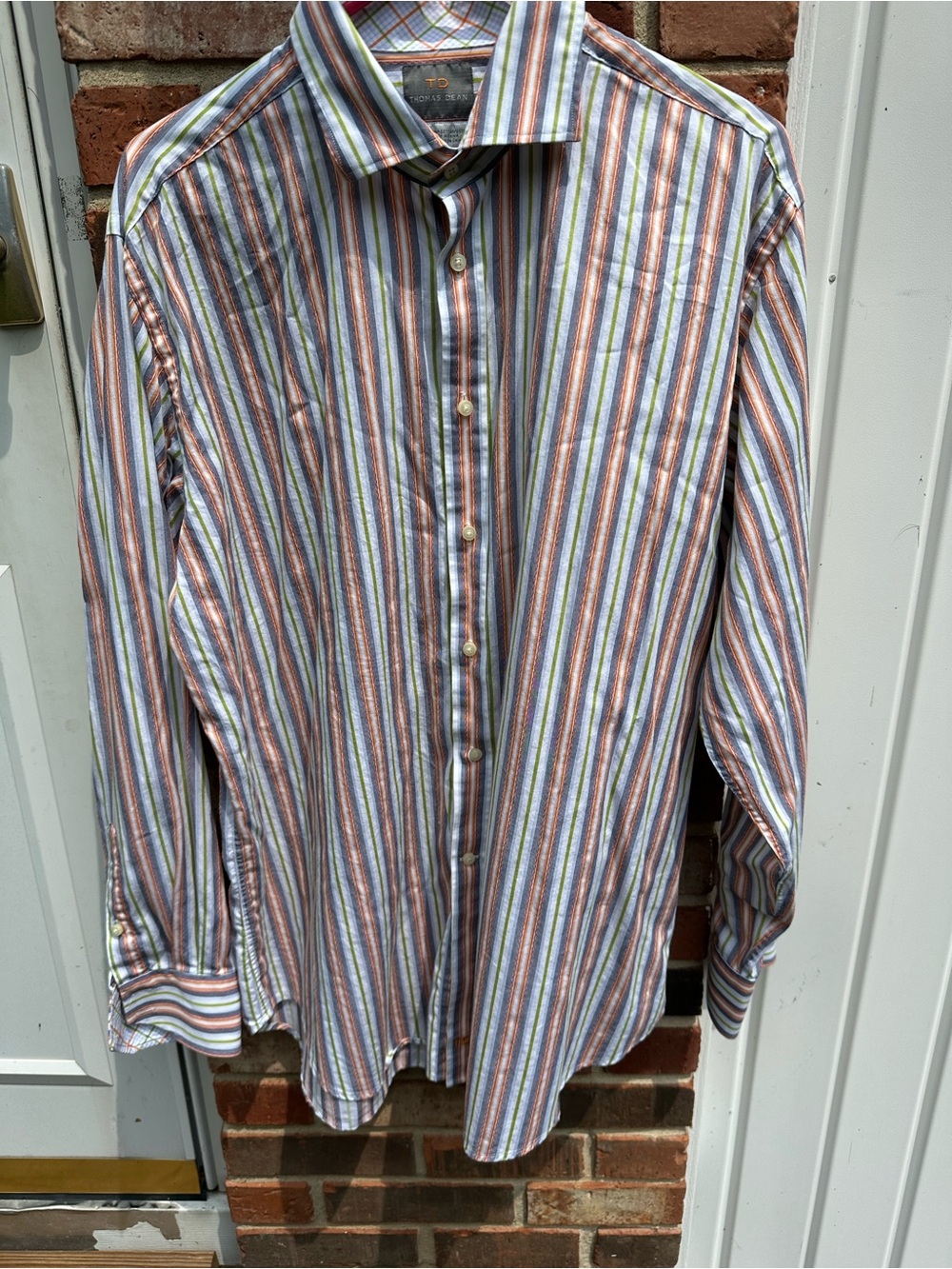 Thomas Dean Men’s XL Vertical Stripes Button Down Orange/Green Casual Shirt